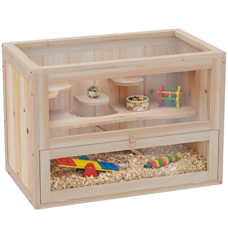 PawHut 24 Inch Hamster Cage, 2 Levels Small Animals Habitat Pet House with Openable Roof, Run Space, Platforms, Natural Wood