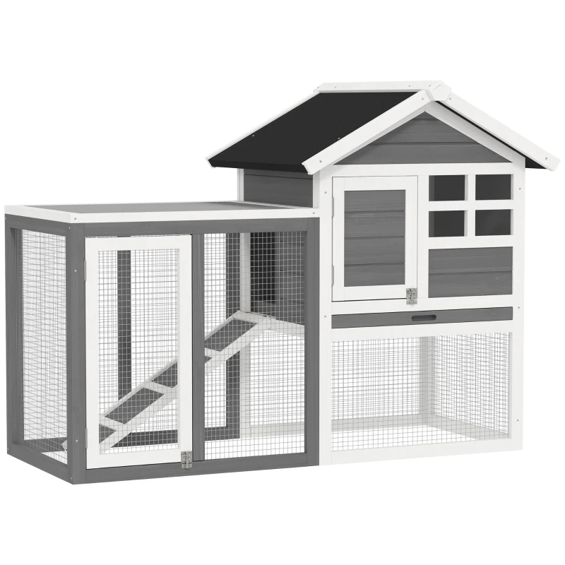 PawHut 49" Weatherproof Wooden Rabbit Hutch With Slant Roof And Screened Outdoor Run, Grey