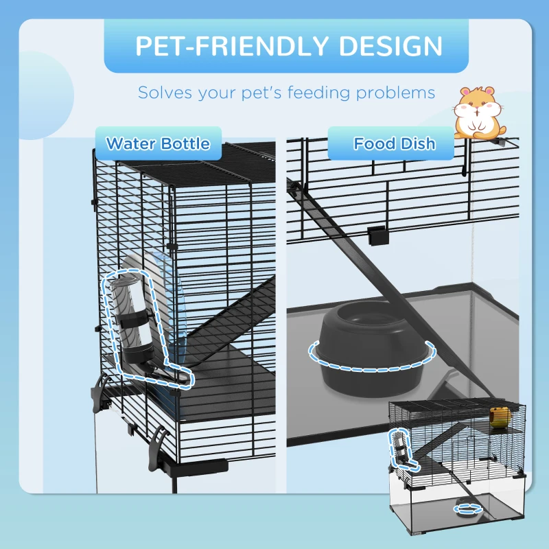 PawHut Hamster Cage, Gerbil Cage with Glass Basin for Small Hamsters, Black