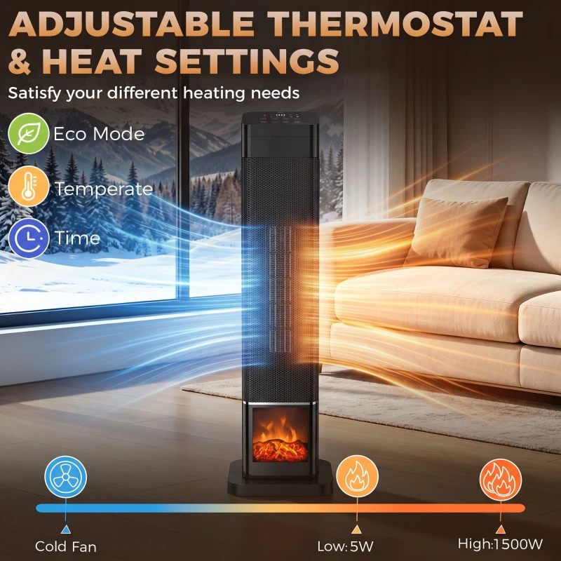 HOMCOM Space Heater with Realistic Flame Effect, 1500W Ceramic Electric Heater with Adjustable Thermostat, Oscillation, Timer