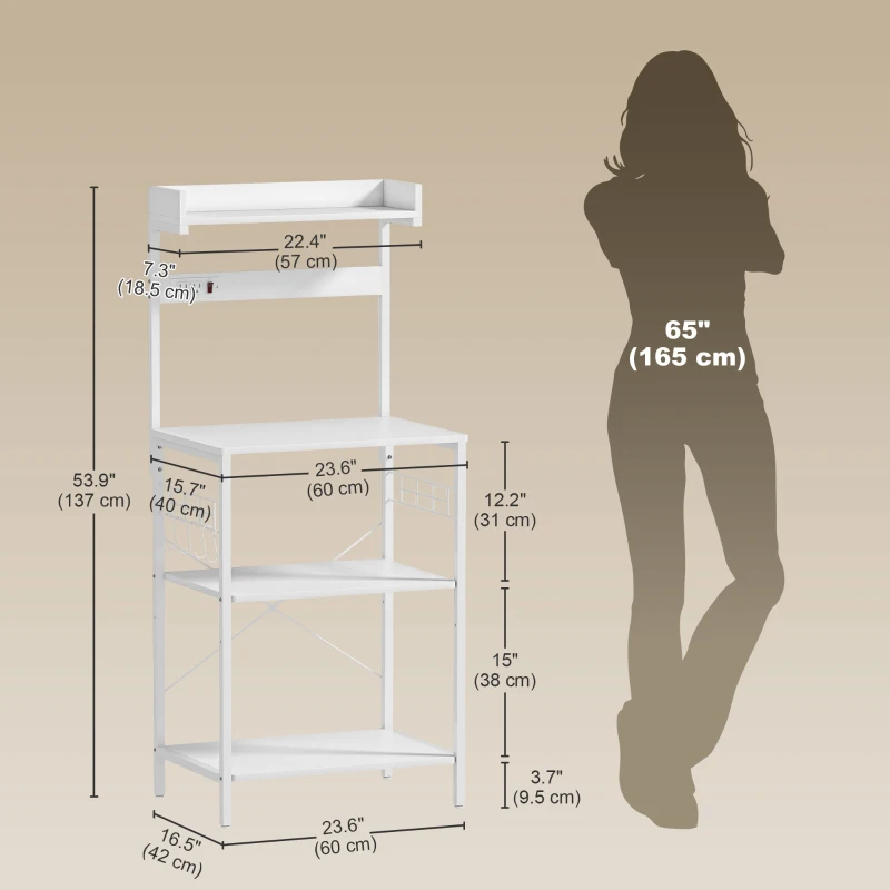 HOMCOM Kitchen Baker's Rack with Power Outlet, Coffee Bar Station with Adjustable Shelves and Hooks, Distressed White