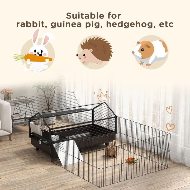 PawHut Guinea Pig Cage with Foldable Detachable Playpen, Rolling Rabbit Chinchilla Hedgehog Bunny Cage Small Animal Habitat with Water Bottle, Hay Feeder, 47" x 67" x 24.5"