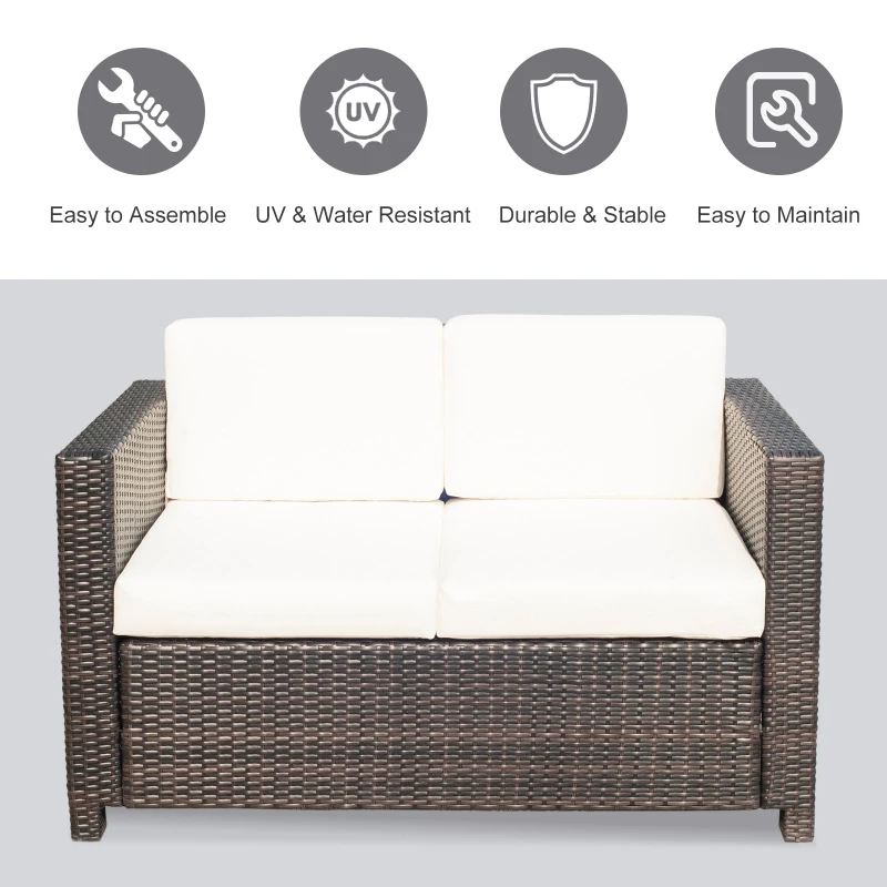 Outsunny 2 Seat Patio Loveseat Deluxe Wicker Sofa Chair Outdoor Rattan Furniture Couch All Weather with Cushion for Balcony, Deck, Garden and Poolside, Cream White
