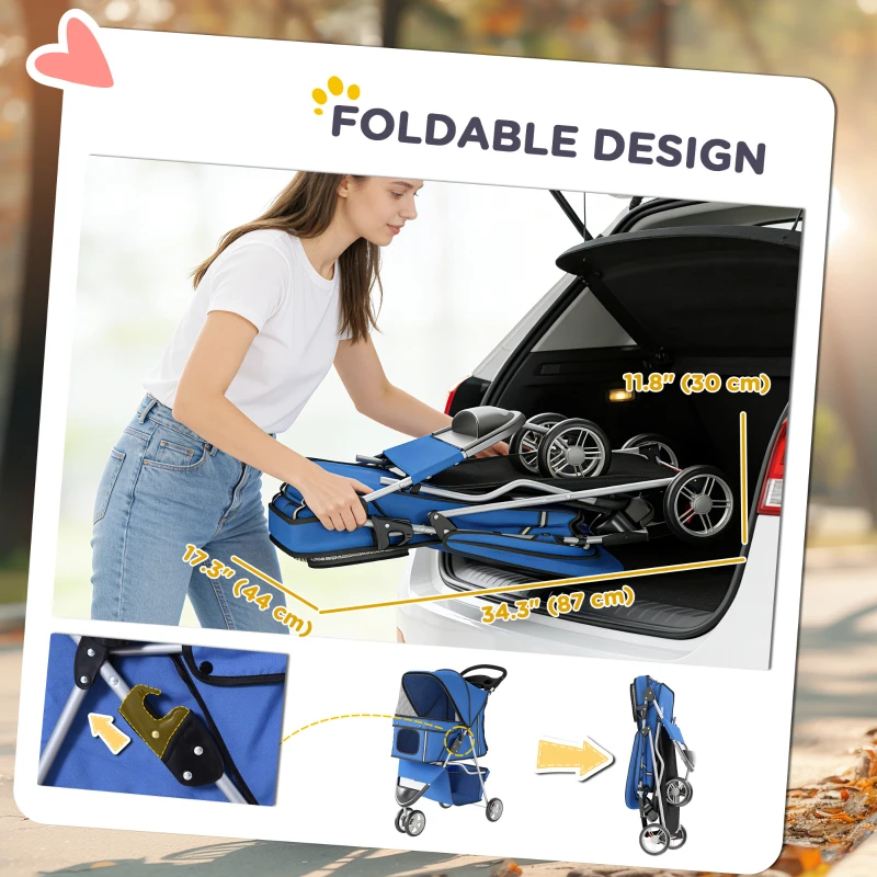 PawHut 3 Wheels Foldable Dog Stroller with Storage Basket, Adjustable Canopy, Cupholder for Miniature and Small Dogs, Blue