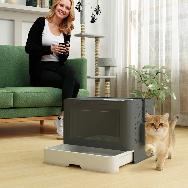 PawHut Cat Litter Box, Front Enter & Top Exit Cat Litter Tray with Scoop, Pull-out Tray, Easy to Clean, Grey