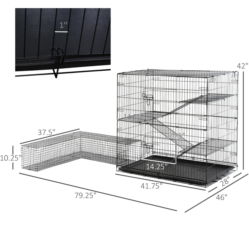 Pawhut Small Animal Cage Hutch Pet Play House with Platform, Ramp, Removable Tray, Wire Runway for Rabbits, Guinea Pigs, Ferret