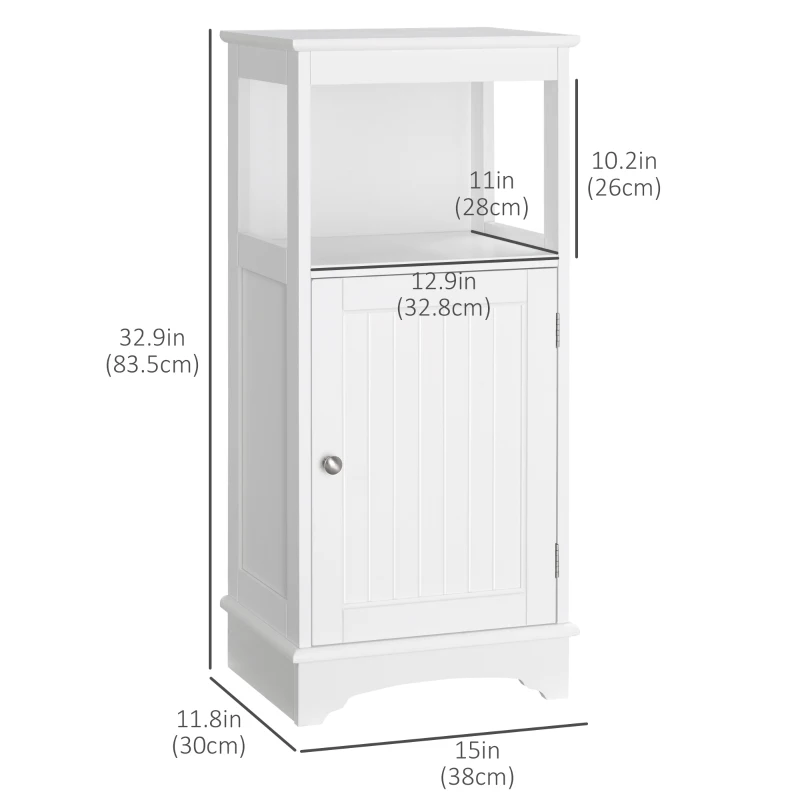 kleankin Modern Bathroom Floor Cabinet with Open Shelf, Freestanding Storage Organizer Unit with Single Door for Home Office, Living Room, White