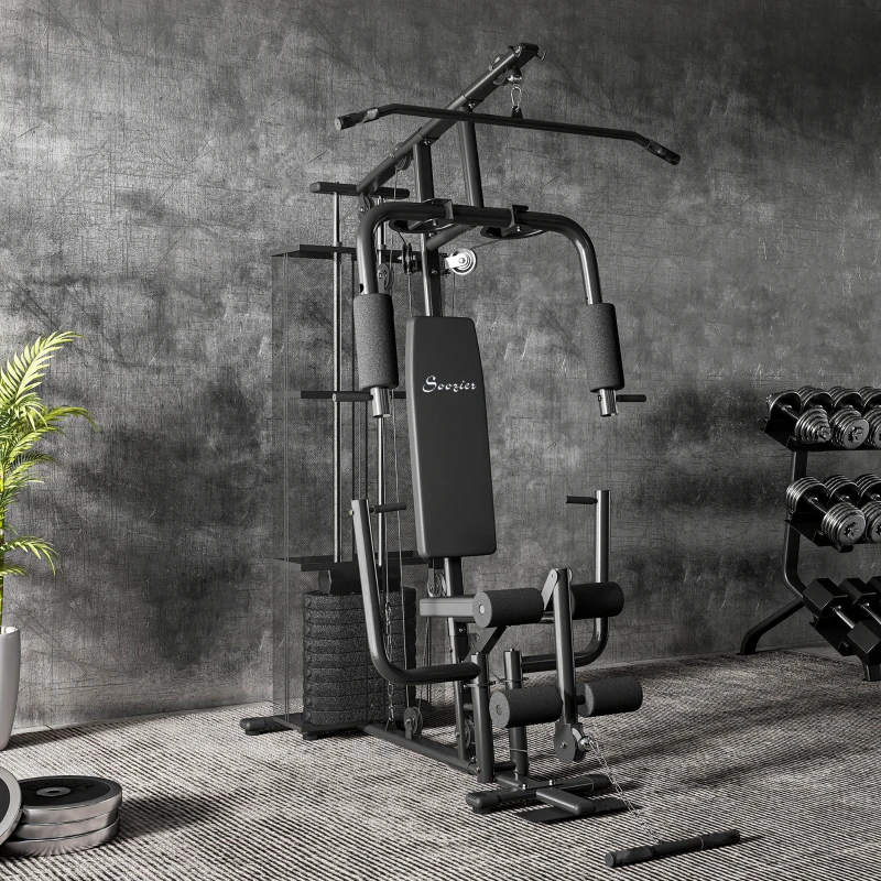 Soozier Home Gym, Multifunction Gym Equipment Workout Station with 100Lbs Weight Stack for Lat Pulldown, Leg Extensions, Preacher Bicep Curls, Triceps Pulldowns, Chest Press, Black