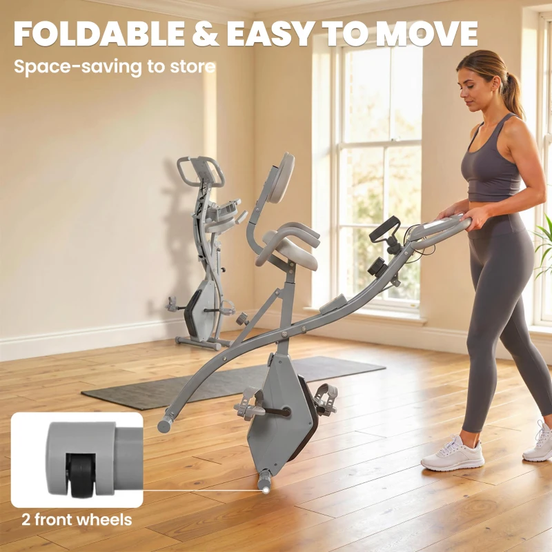 Soozier 3 in 1 Folding Exercise Bike, Foldable Stationary Bike with 8-Level Magnetic Resistance, Adjustable Seat, Grey