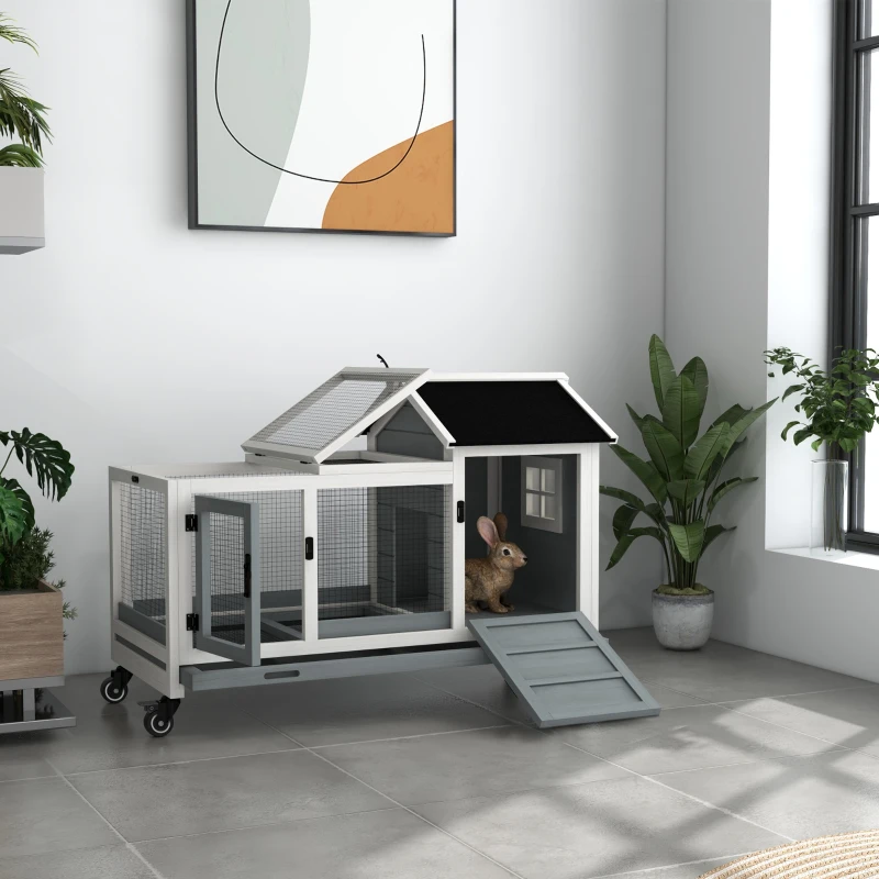 PawHut Rabbit Cage with Wheels, Ramp, Run, Tray for Indoor Outdoor, Suitable for Rabbit, Guinea Pig, Grey