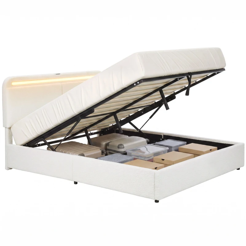 HOMCOM Queen Size Bed Frame with Charging Station, LED Lights, Adjustable Headboard, Upholstered Platform Bed Frame White