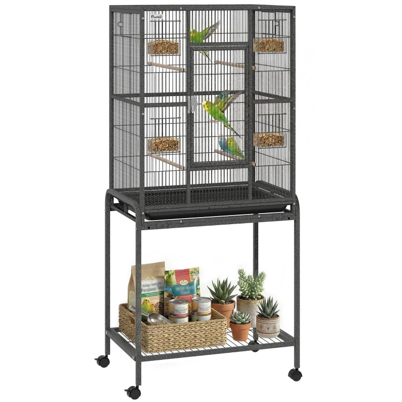 PawHut 56"H Bird Cage, Parrot Cage w/ Detachable Rolling Stand, Removable Tray, Storage Shelf, Perches, Food Container