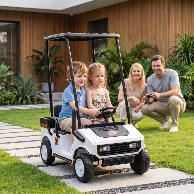 Qaba 24V Kids Golf Cart 2WD 2-Seater with Remote, Soft Start, Rear Suspension, Sunshade, Storage, Gift for 3-6 Years, White