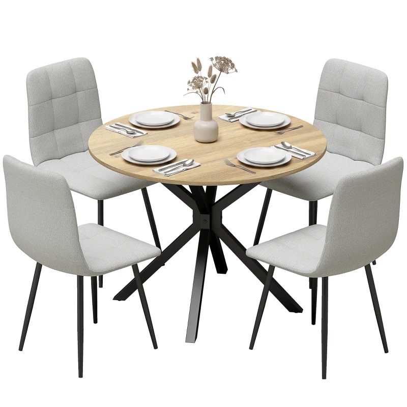 HOMCOM Dining Table Set Industrial Kitchen Table Chairs for 4 Round Table Steel Frame, Oak and Grey