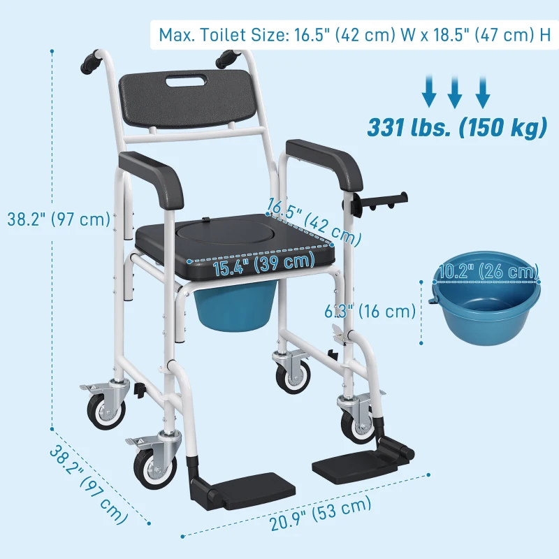 HOMCOM Rolling Shower Chair, Bedside Commode Chair with Wheels, Backrest, Arms, Flip Footrests for Seniors, Disabled, Black