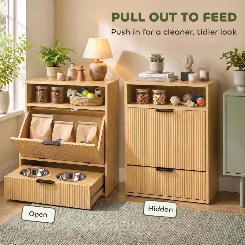 PawHut Dog Feeding Station with Storage, Hidden Pet Feeding Station with 2 Elevated Bowls, Tilt Out Storage Cabinet