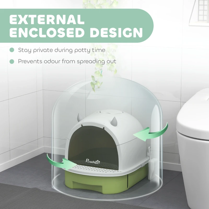 PawHut Cat Litter Box with Lid, Front Door Flap, Scoop, Handle, Easy Clean, for Small and Medium Cats, Green