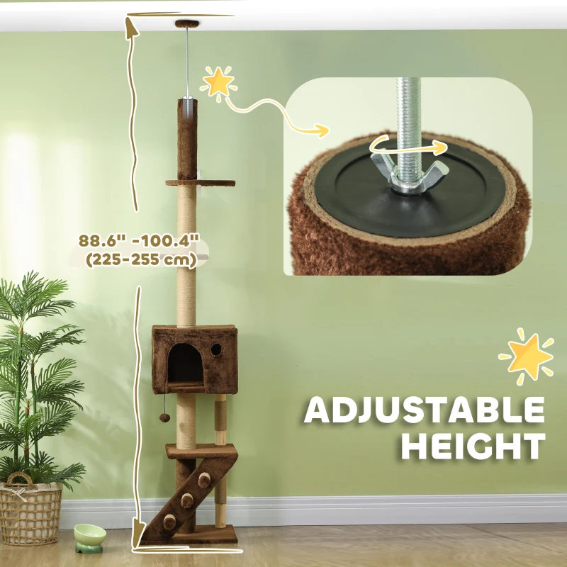 PawHut 89"-100" Floor to Ceiling Cat Tree with Scratching Post, Cat House, 3-Steps, Hanging Ball, Perches, Anti-tip Kit, Brown