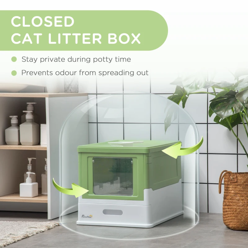 PawHut Top Entry Enclosed Kitty Litter Box with Scoop, Tray, Front Entry, Large Space, Foldable, Portable, Dark Green