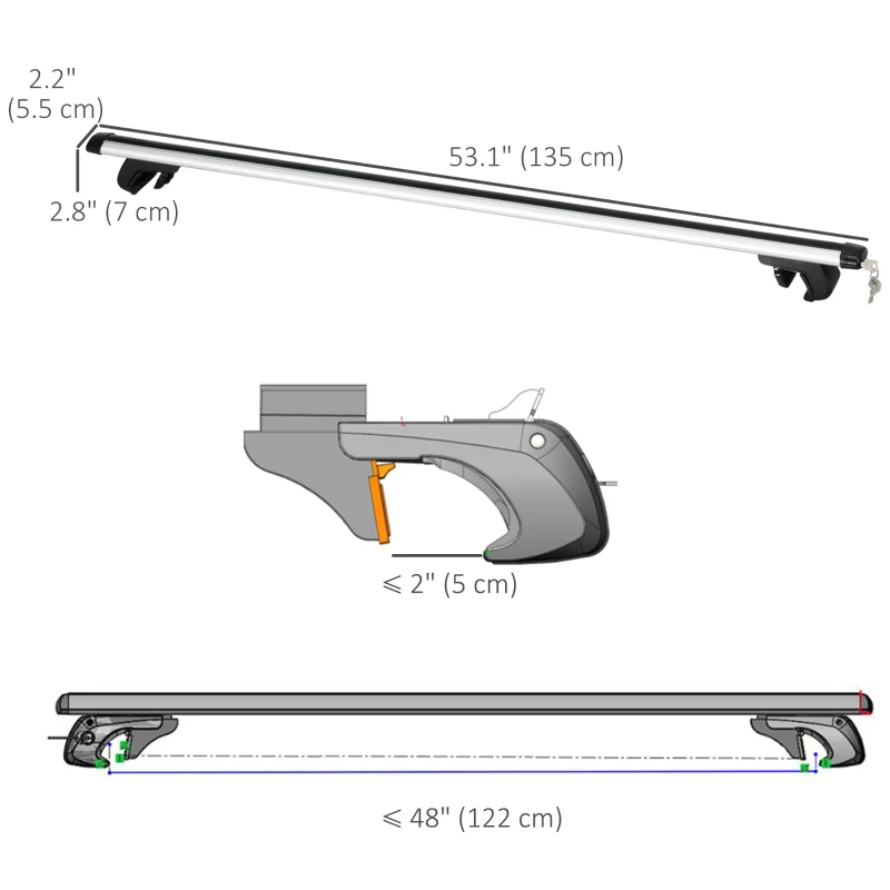 HOMCOM 2pc Roof Rack Car Roof Top Lockable Aluminum Cross Bars Adjustable Baggage Luggage Carrier, Silver (53")