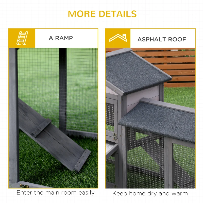 PawHut Wood Rabbit Hutch Backyard Bunny Cage Small Animal House Asphalt Roof w/ Ramp and Outdoor Run Dark Grey