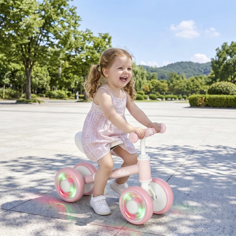Qaba Baby Balance Bike for 12-24 Months Boys and Girls, Toddler Balance Bike with 4 Flashing Silent Wheels, Pink