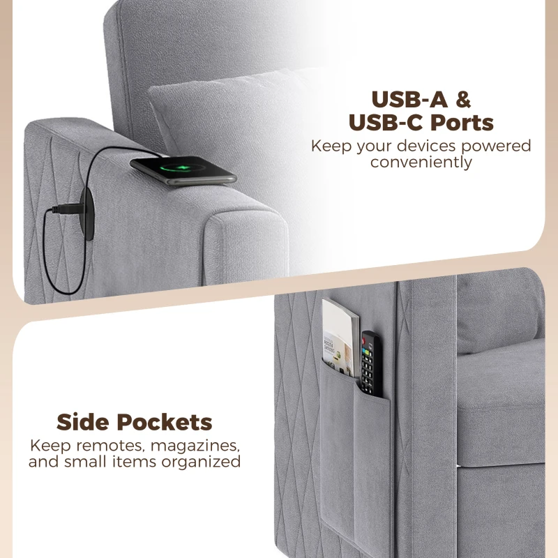 HOMCOM 52" Sofa Bed, Holland Velvet Loveseat Pull Out Sleeper Sofa with USB Ports, Adjustable Backrest, Side Pockets, Dark Grey