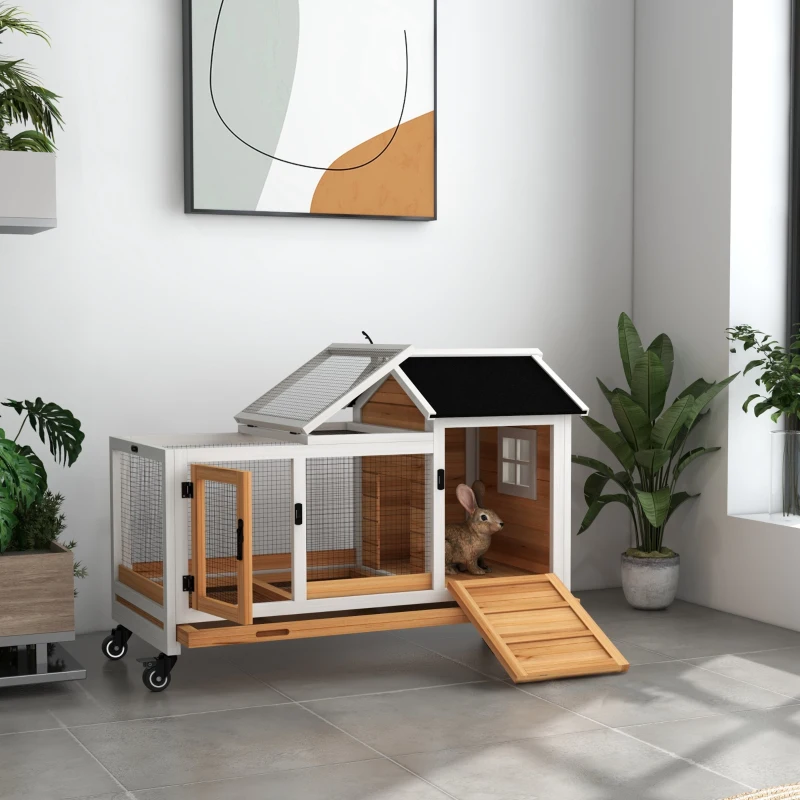 PawHut Rabbit Cage with Wheels, Ramp, Run, Tray for Indoor Outdoor, Suitable for Rabbit, Guinea Pig, Yellow