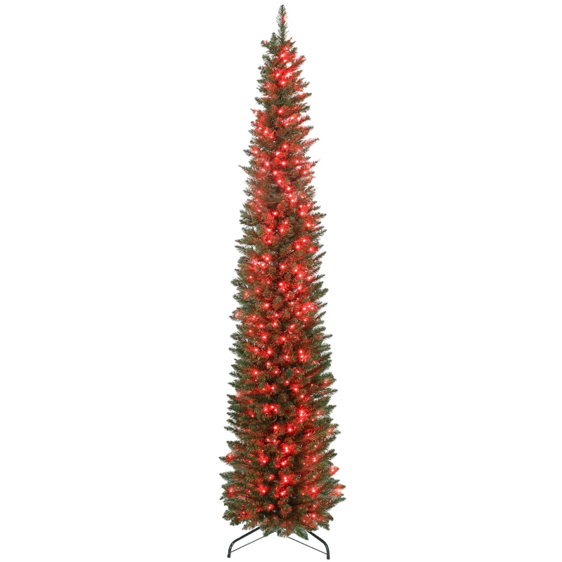 HOMCOM 7.5ft Christmas Tree with Colourful DIY Synchronized LEDs, Hinged Pencil Xmas Tree with Remote, Daily Timer, Green