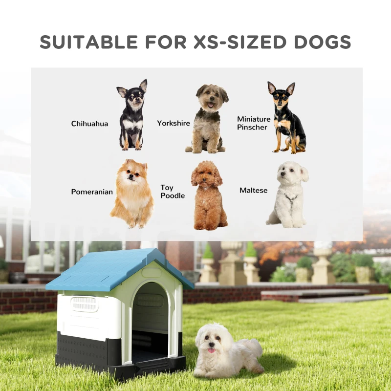 PawHut Outside Dog Kennel House with Windows, Base Support, for Garden Patio, Miniature Dogs, 64.5 x 57 x 66cm, Blue