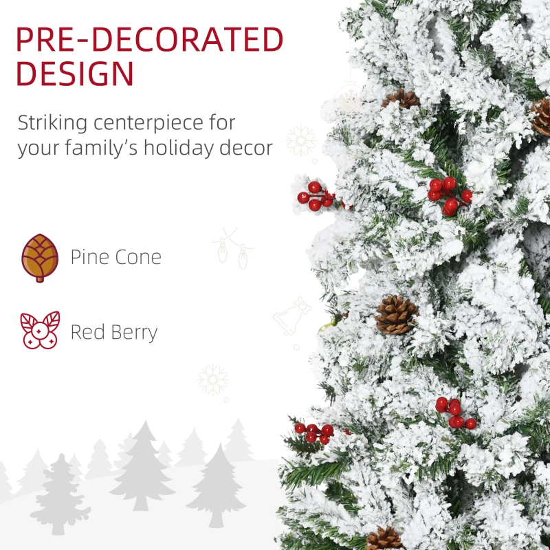 HOMCOM 7.5 Foot Pencil Snow Flocked Artificial Christmas Tree with 950 Pine Realistic Branches, Pine Cones, Red Berries, Auto Open, Green