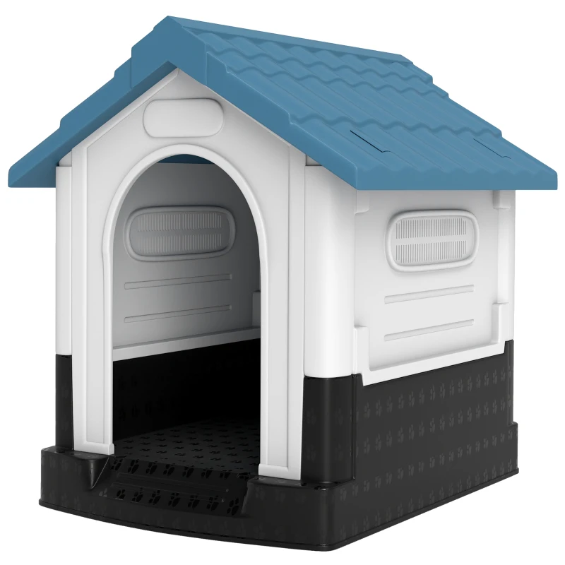 PawHut Outside Dog Kennel House with Windows, Base Support, for Garden Patio, Miniature Dogs, 64.5 x 57 x 66cm, Blue