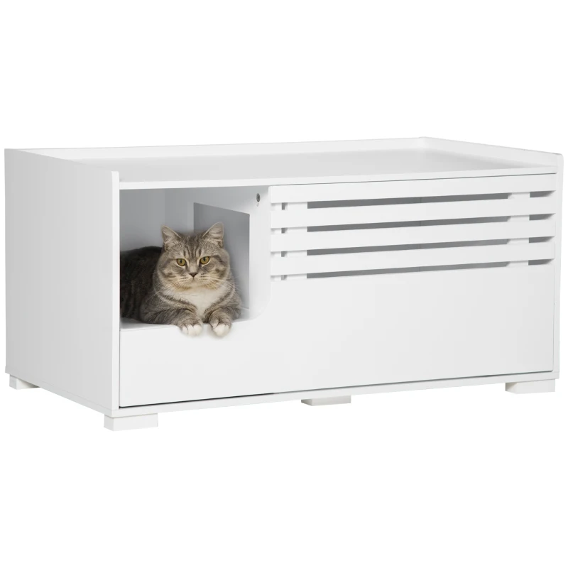 PawHut Hidden Cat Litter Box Furniture, Cat Litter Box Enclosure with Storage Compartments and Side Table Function, White