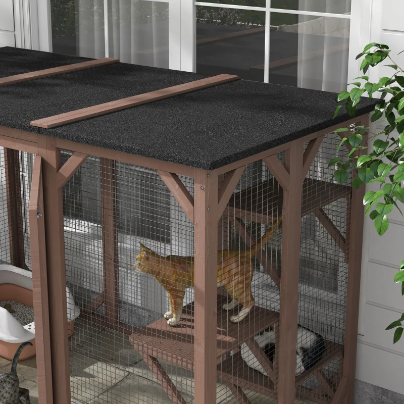 PawHut 71"L Catio Outdoor Cat Enclosure, Indoor Cat Cage, Pet House, Small Animal Hutch for 1-2 Rabbit, Kitten, Kitty Crate Kennel w/ Waterproof Roof, Multi-Level Platforms, Brown
