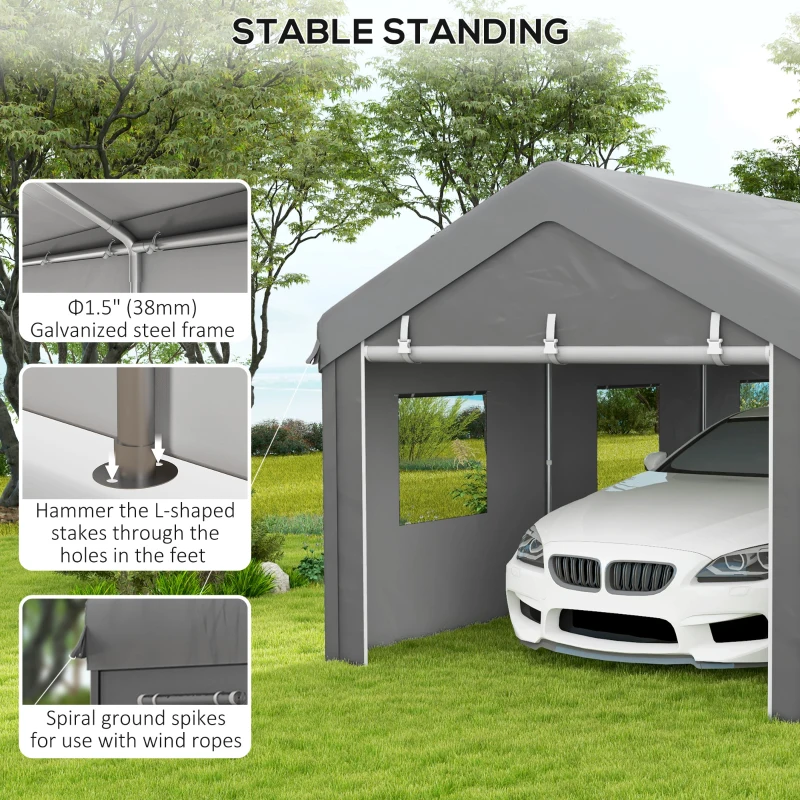 Outsunny 10' x 20' Carport, Heavy Duty Portable Garage with 6 Mesh Windows and 2 Doors, Light Grey