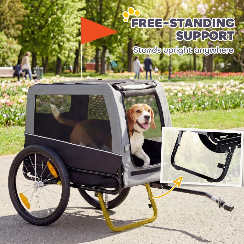 PawHut Dog Bike Trailer, Pet Cart Bicycle Carrier with Support Feet, Large Wheels, 2 Doors