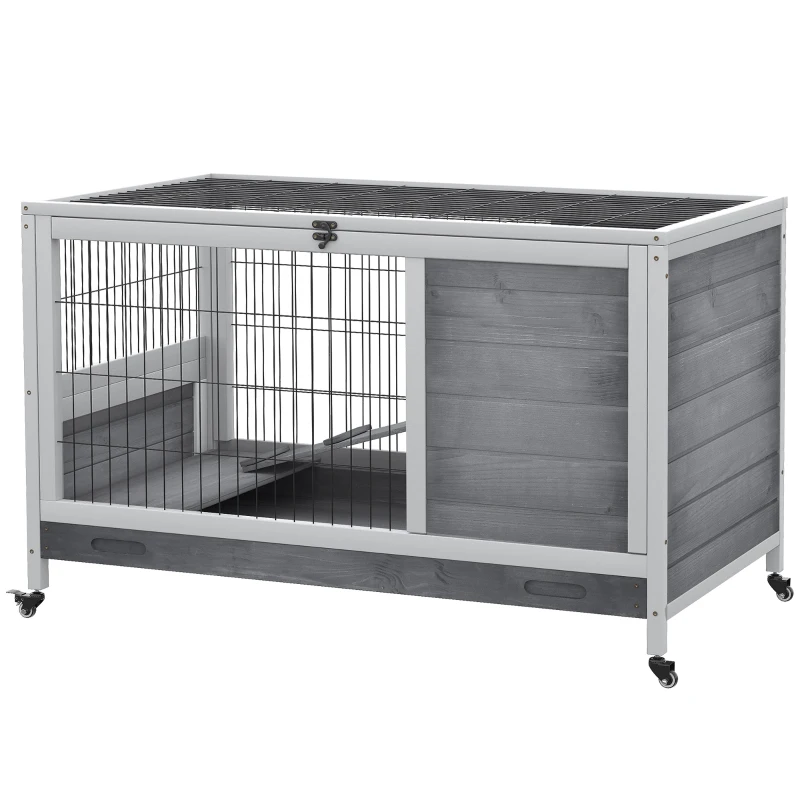 PawHut Wooden Indoor Rabbit Hutch Elevated Bunny Cage Habitat with Enclosed Run with Wheels, Suitable for Rabbits and Guinea Pigs, Grey