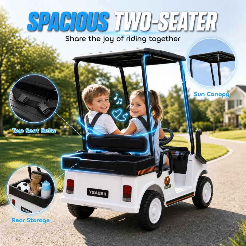 Qaba 24V Kids Golf Cart 2WD 2-Seater with Remote, Soft Start, Rear Suspension, Sunshade, Storage, Gift for 3-6 Years, White