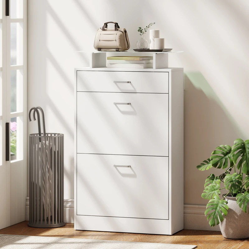 HOMCOM Shoe Cabinet, Slim Shoe Organizer Cabinet with 2 Flip Drawers, Adjustable Shelves, Drawer and Glass Top