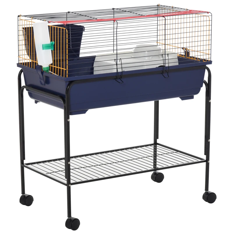 PawHut Small Animal Cage, 35.7" Rolling Guinea Pig Cage with Detachable Stand, Water Dispenser, Food Dish, Ramp, Wheels, for Rabbit, Bunny, Ferret, Chinchilla, Blue, Black, Yellow