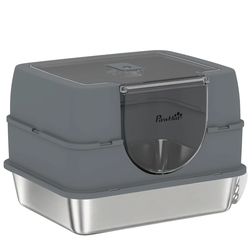 PawHut Stainless Steel Cat Litter Box with Lid, High Sided Enclosed Litter Box with Removable Lid, Tray, Scoop
