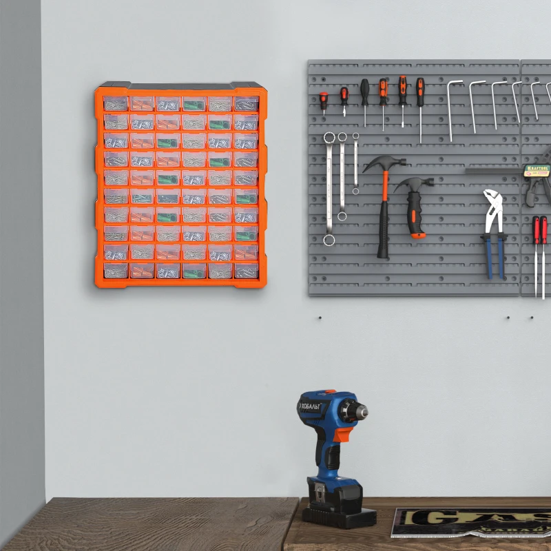 DURHAND Plastic Screw Organizer Storage Cabinet for Garage, 60 Drawers Parts Organizer Desktop or Wall Mount Storage Container for Hardware, Parts, Crafts, Beads, or Tools, Orange