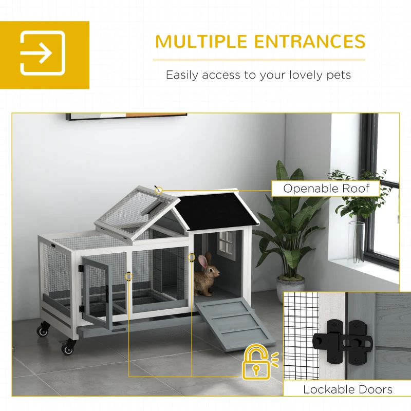 PawHut Rabbit Cage with Wheels, Ramp, Run, Tray for Indoor Outdoor, Suitable for Rabbit, Guinea Pig, Grey