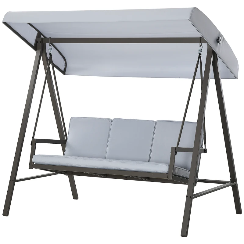 Outsunny 3 Seater Patio Swing Chair, Porch Swing with Adjustable Canopy and Removable Cushions, Outdoor Swing Seat, Light Grey