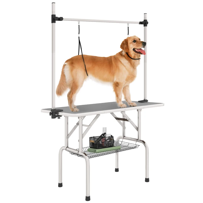 PawHut Adjustable Dog Grooming Table with 2 Safety Slings, Storage Basket, Grey