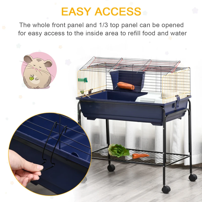 PawHut Small Animal Cage, 35.7" Rolling Guinea Pig Cage with Detachable Stand, Water Dispenser, Food Dish, Ramp, Wheels, for Rabbit, Bunny, Ferret, Chinchilla, Blue, Black, Yellow