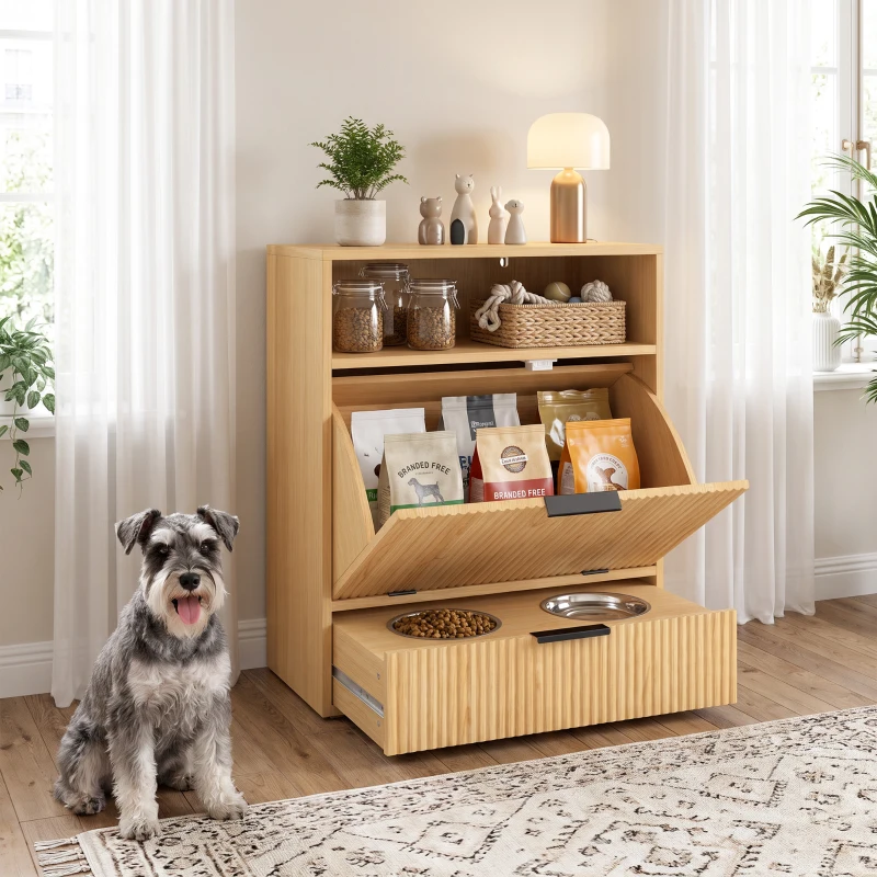 PawHut Dog Feeding Station with Storage, Hidden Pet Feeding Station with 2 Elevated Bowls, Tilt Out Storage Cabinet