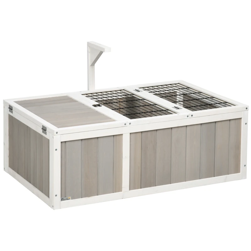 PawHut Wooden Tortoise Habitat with Openable Top, Run Cage, Two Rooms, Grey