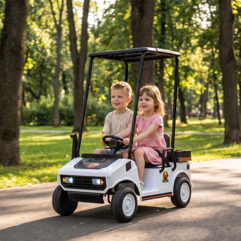 Qaba 24V Kids Golf Cart 2WD 2-Seater with Remote, Soft Start, Rear Suspension, Sunshade, Storage, Gift for 3-6 Years, White