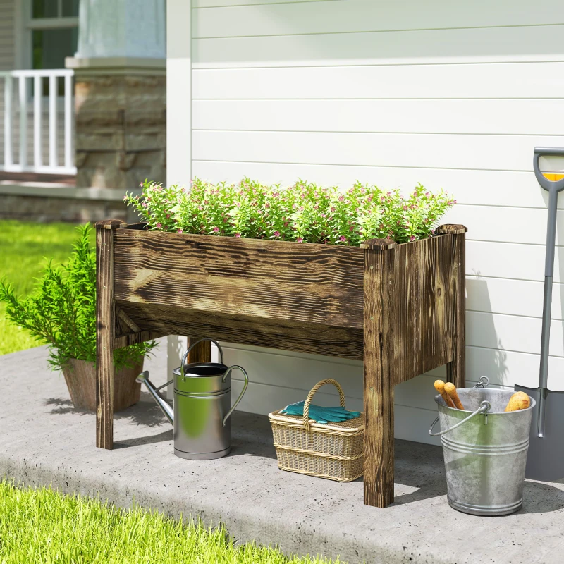 Outsunny Wooden Raised Garden Plant Stand Outdoor Tall Flower Bed Box with Hooks, 48" x 24" x 32", Carbonized